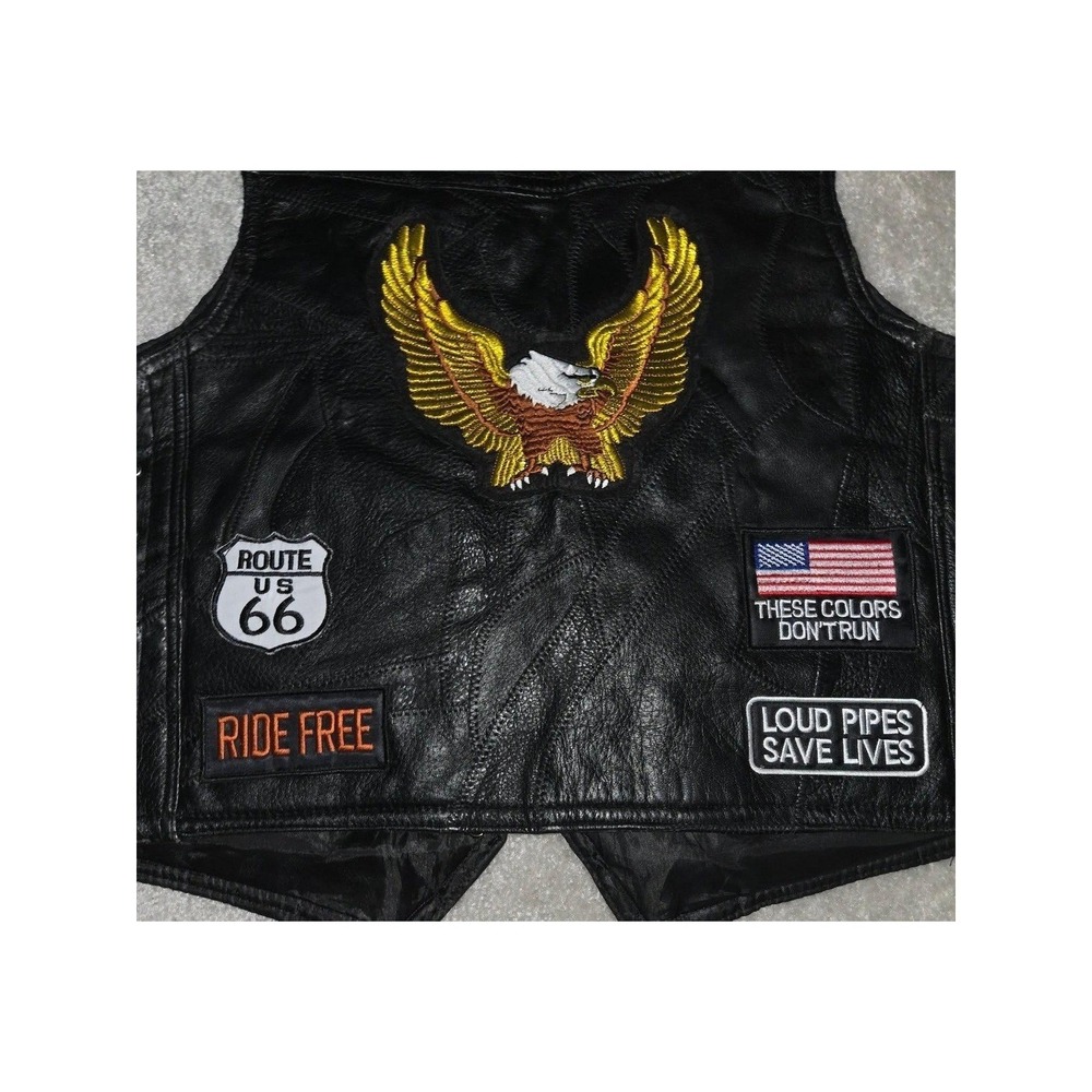 Diamond Plate Leather Vest Mens Medium Black Biker‎ Patchwork #Motorcycle - Picture 6 of 10